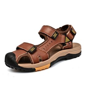 Summer men's new big pier layer cowhide beach sandals Fashion trend comfortable men's sandals 38-48 (Color: Brown, size: 44)