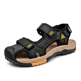 Summer men's new big pier layer cowhide beach sandals Fashion trend comfortable men's sandals 38-48 (Color: BLACK, size: 38)