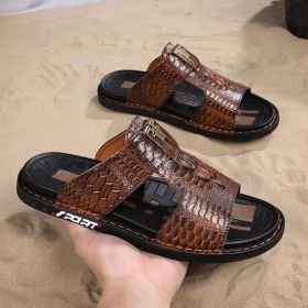 New men's flip-flops crocodile print casual sandals non-slip fashion comfortable slippers (Color: Brown, size: 44)