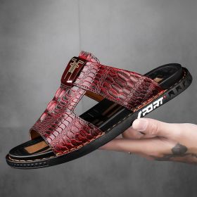 New men's flip-flops crocodile print casual sandals non-slip fashion comfortable slippers (Color: Wine Red, size: 44)