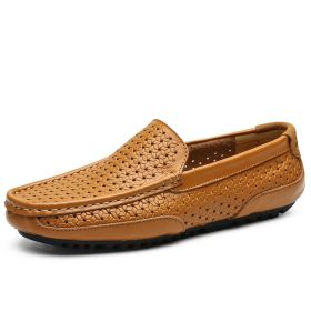 Spring and summer large-size hollowed-out bean shoes men's casual shoes a slip-on loafers fashion loafers (Color: yellow-brown, size: 47)