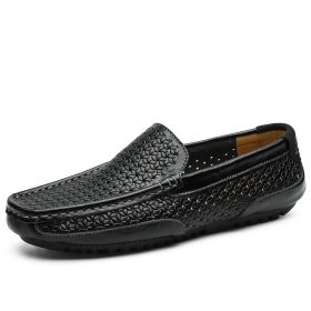 Spring and summer large-size hollowed-out bean shoes men's casual shoes a slip-on loafers fashion loafers (Color: BLACK, size: 45)