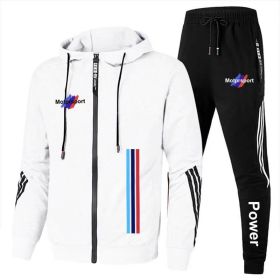 For Bmw Men's Casual Sports Suit Zipper Hooded Jacket + Pants Tracksuit Sweatshirt Casual Male Set (Color: White, size: XL)