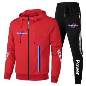 For Bmw Men's Casual Sports Suit Zipper Hooded Jacket + Pants Tracksuit Sweatshirt Casual Male Set (Color: Red, size: M)
