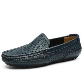 Spring and summer large-size hollowed-out bean shoes men's casual shoes a slip-on loafers fashion loafers (Color: Blue, size: 40)