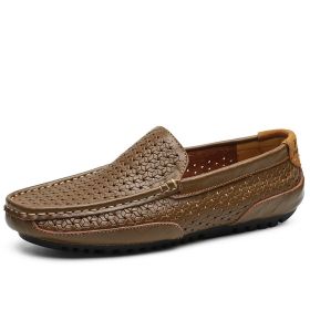 Spring and summer large-size hollowed-out bean shoes men's casual shoes a slip-on loafers fashion loafers (Color: KHAKI, size: 43)