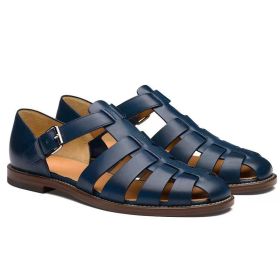 Men's Sport Sandals Closed Toe Outdoor Handmade Leather Sandal (Color: Blue, size: 43)
