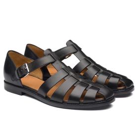 Men's Sport Sandals Closed Toe Outdoor Handmade Leather Sandal (Color: BLACK, size: 44)