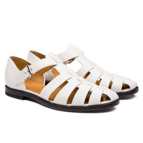 Men's Sport Sandals Closed Toe Outdoor Handmade Leather Sandal (Color: White, size: 38)