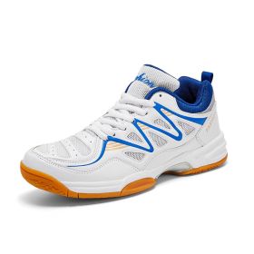 New four seasons non-slip men's badminton table tennis couple shoes sports big size men's sports shoes 38-48 (Color: White and blue, size: 40)
