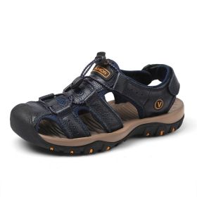 Summer new men's first layer cowhide overhead sandals comfortable outdoor casual men's sandals (Color: Blue, size: 44)