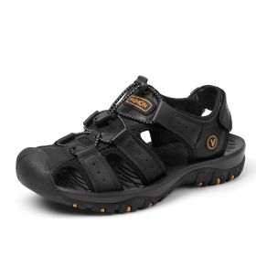 Summer new men's first layer cowhide overhead sandals comfortable outdoor casual men's sandals (Color: BLACK, size: 44)