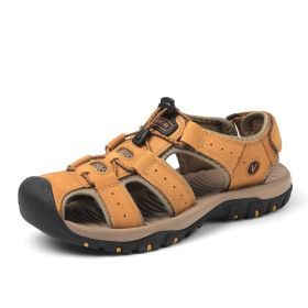 Summer new men's first layer cowhide overhead sandals comfortable outdoor casual men's sandals (Color: light brown, size: 42)