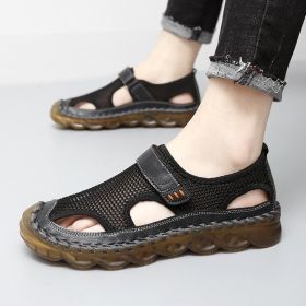 Summer new men's large size leather mesh shoes comfortable breathable sandals Fashion men sandals beach shoes 38-47 (Color: BLACK, size: 46)