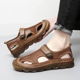 Summer new men's large size leather mesh shoes comfortable breathable sandals Fashion men sandals beach shoes 38-47 (Color: Brown, size: 40)