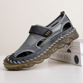 Summer new men's large size leather mesh shoes comfortable breathable sandals Fashion men sandals beach shoes 38-47 (Color: Grey, size: 43)