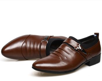 New men's formal single shoes pointed toe set formal leather shoes Korean version comfortable low-help men's casual shoes loafers (Color: Brown, size: 44)