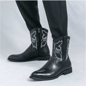 Men's autumn new midtube zipper embroidered western boots high top leather shoes 38-46 (Color: BLACK, size: 46)