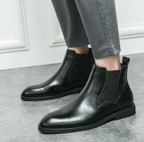 Men's elastic cut Chelsea boots Business dress leather boots men's English high top men's boots (Color: BLACK, size: 43)