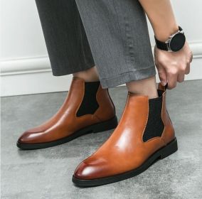 Men's elastic cut Chelsea boots Business dress leather boots men's English high top men's boots (Color: Brown, size: 39)