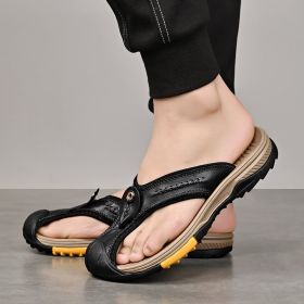 Summer men's new first layer cowhide flip-flops fashion all comfortable men's slippers beach shoes (Color: BLACK, size: 41)