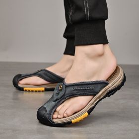 Summer men's new first layer cowhide flip-flops fashion all comfortable men's slippers beach shoes (Color: BLACK, size: 39)