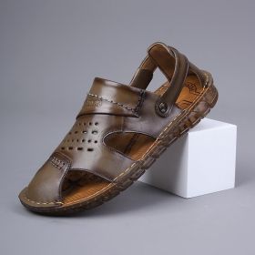 Men's new comfortable trend 100 bypass layer cowhide casual beach shoes trend men's sandals (Color: KHAKI, size: 38)