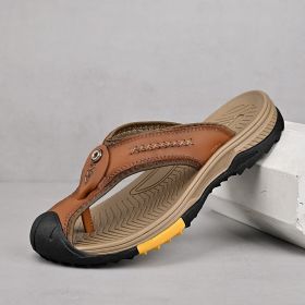 Summer men's new first layer cowhide flip-flops fashion all comfortable men's slippers beach shoes (Color: Brown, size: 39)