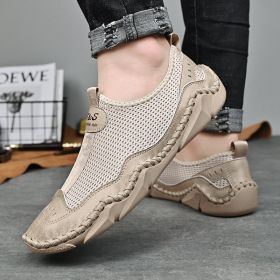 Men's summer new mesh breathable comfortable large size handmade bean shoes slip-on loafers loafers (Color: Sandy, size: 48)