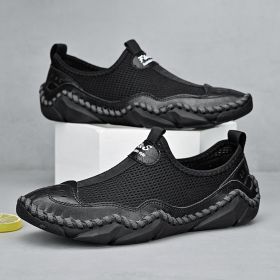 Men's summer new mesh breathable comfortable large size handmade bean shoes slip-on loafers loafers (Color: BLACK, size: 46)