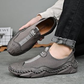 Men's summer new mesh breathable comfortable large size handmade bean shoes slip-on loafers loafers (Color: Gray, size: 46)