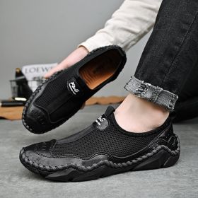 Men's summer new mesh breathable comfortable large size handmade bean shoes slip-on loafers loafers (Color: BLACK, size: 44)