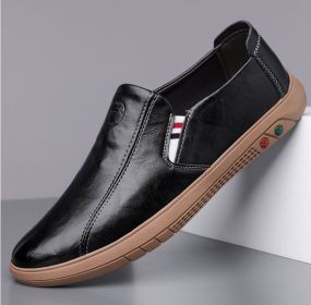 New men's fashion trend with four seasons casual leather shoes lazy shoes driving shoes casual loafers 38-44 (Color: BLACK, size: 42)