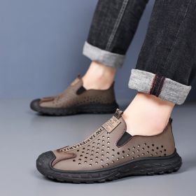 Men's leather hole-out shoes leather sandals comfortable breathable loafers a slip-on loafers (Color: Brown, size: 44)