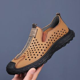 Men's leather hole-out shoes leather sandals comfortable breathable loafers a slip-on loafers (Color: KHAKI, size: 43)