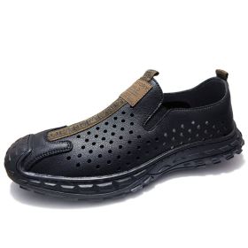 Men's leather hole-out shoes leather sandals comfortable breathable loafers a slip-on loafers (Color: BLACK, size: 39)