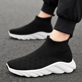 New trend fashion large size flying knit high top casual shoes fashionable men's shoes (Color: BLACK, size: 39)