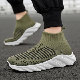 New trend fashion large size flying knit high top casual shoes fashionable men's shoes (Color: Green, size: 45)