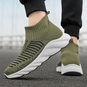 New trend fashion large size flying knit high top casual shoes fashionable men's shoes (Color: Green, size: 44)