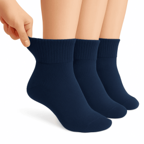 Diabetic Ankle Socks, 3 Pairs, Non-Binding, Breathable and Anti-Odor (Shoe Size: 9-11, Color: Dark Navy)