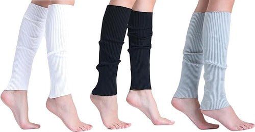 3 Pairs Knitted Leg Warmers for Women - 80s Style, One Size (Color: White-Black-Gray, size: One Size)