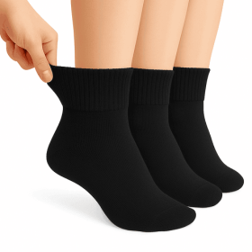 Diabetic Ankle Socks, 3 Pairs, Non-Binding, Breathable and Anti-Odor (Shoe Size: 9-11, Color: BLACK)