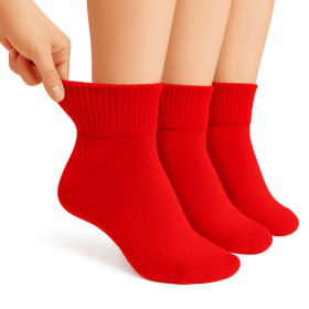 Diabetic Ankle Socks, 3 Pairs, Non-Binding, Breathable and Anti-Odor (Shoe Size: 5-7, Color: Red)