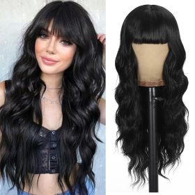 Black Wig with Bangs Curly wavy Wig for Women Long Natural Black wavy wigs skin-friendly synthetic fibersc for festival holiday Use 26IN (Color: Natural black)