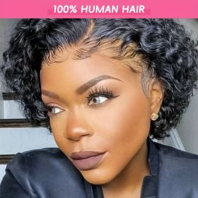[Curly Human Hair Pixie Cut Wig] 6-Inch Curly Human Hair Wig - Elegant Pixie Cut for Women - 130% Density, Natural Color, 13x1 Lace Frontal (Hair Length: 6inch, Color: BLACK)