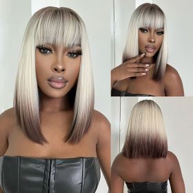 [150% Density Straight Blonde Wig] Chic Ombre Blonde to Brown Straight Synthetic Wig with Bangs for Women - Matte Finish, High-Temperature Resist (Hair Length: 16inch, Color: Tangerine)