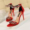 Women's Pumps; Sexy high-heeled shoes; formal women's shoes for banquet party; thin heel high-heeled shoes; satin open toe rhinestone one word sandal