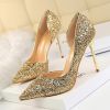 Women's Pumps; sexy women's high-heeled shoes; thin heel pointed leather shoes; hollow sides; sequins decoration