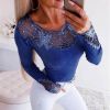 Lace Neck Long Sleeve Women Blouse Slim Fit Elastic Tunic Top Off Shoulder Lace Stitching Casual Blouse Streetwear