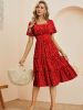 Heart Print Midi Dress; Square Neck Drop Shoulder A-Line Dress; Women's Classic Casual Dresses For All Seasons; Women's Clothing